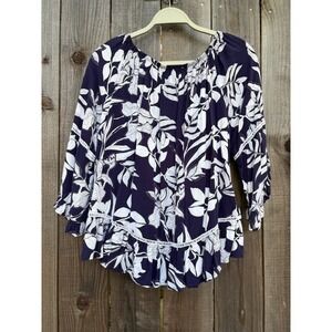 Fever Floral Print Peasant Top Navy Blue White 3/4 Sleeve Size L